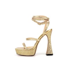 Peep Toe Platforms Ankle Buckle Straps Chunky Heels Sequins Platform Sandals Pumps - Gold