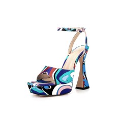 Peep Toe Platforms Ankle Buckle Straps Chunky Heels Sequins Multicolor Sandals Pumps - Navy Blue