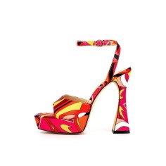 Peep Toe Platforms Ankle Buckle Straps Chunky Heels Sequins Multicolor Sandals Pumps - Red Yellow
