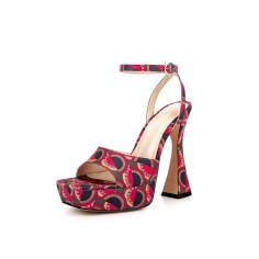 Peep Toe Platforms Ankle Buckle Straps Chunky Heels Sequins Multicolor Sandals Pumps - Red
