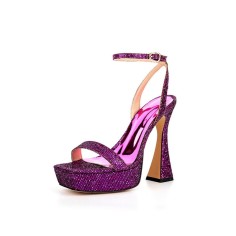 Peep Toe Platforms Ankle Buckle Straps Chunky Heels Sequins Platform Pumps - Purple