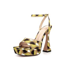 Peep Toe Platforms Ankle Buckle Straps Chunky Heels Sequins Multicolor Sandals Pumps - Yellow