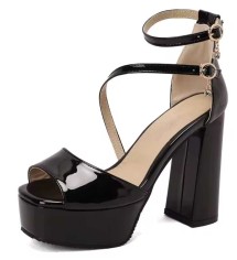 Peep Toe Platform Block Buckle Strap Heels - Black Patent