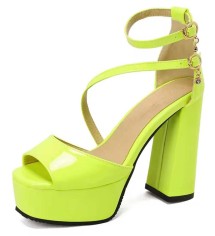 Peep Toe Platform Block Buckle Strap Heels - Lime Green Patent