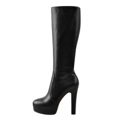 Round Toe Platforms Knee Highs Stiletto Heels Matte Side Zipper Boots - Black Faux Leather