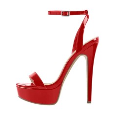 Peep Toe Ankle Buckle Slingback Stiletto Sandals - Red Patent