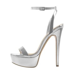 Peep Toe Ankle Buckle Slingback Stiletto Sandals - Silver Patent