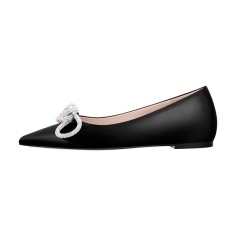 Pointed Toe Rhinestones Bow Daily Slip On Ballet Flats - Black Satin