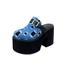 Chunky Heels Round Toe Denim Platforms Sandals - Blue