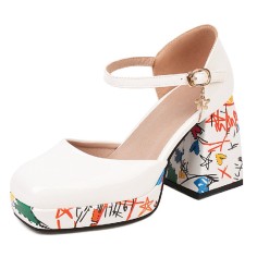 Round Toe Ankle Buckle Straps Chunky Heels Platforms Dorsay Flower Graffiti Pumps - White