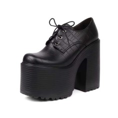 Round Toe Lace Up Chunky Heels Crocodile Pattern Platforms Pumps Loafers - Black Faux Leather