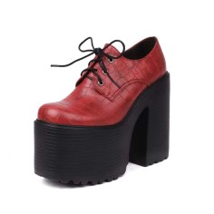 Round Toe Lace Up Chunky Heels Crocodile Pattern Platforms Pumps Loafers - Red Faux Leather
