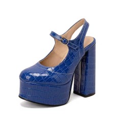 Round Toe Crocodile Pattern Chunky Heels Mary Janes Slingback Platforms Sandals - Blue Patent