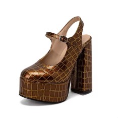 Round Toe Crocodile Pattern Chunky Heels Mary Janes Slingback Platforms Sandals - Brown Patent
