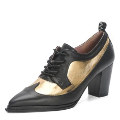 Pointed Toe Chunky Heels Oxford Lace Up Loafer Pumps - Gold