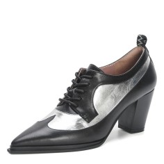 Pointed Toe Chunky Heels Oxford Lace Up Loafer Pumps - Silver