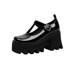 Round Toe T Straps Mary Janes Japanese Style Lolita Chunky Heels Pumps - Black