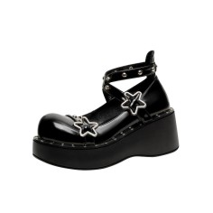 Round Toe Rivet Decorated Ankle Star Buckle X Straps Platform Shoes - Black