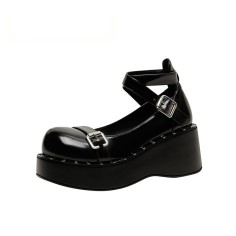 Round Toe Decorated Ankle Buckle X Straps Platform Shoes - Black