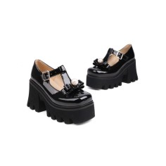 Round Toe Pearl Ribbon Decorated T Straps Mary Janes Chunky Heels Pumps - Black