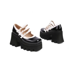 Round Toe Triple Buckle Straps Chunky Heels Mary Janes Pumps - Black White