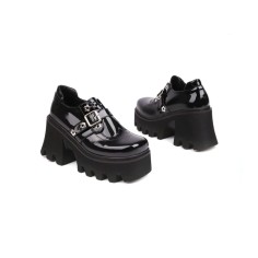 Round Toe Flower Rivets Buckle Straps Chunky Heels Loafers - Black 