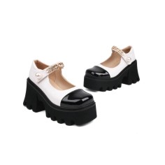 Round Toe Rhinestones Chain Decorated Mary Janes Lolita Chunky Heels Pumps - Black White