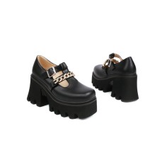 Round Toe Chain Decorated T Straps Mary Janes Chunky Heels Pumps - Black