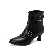 Pointed Toe Leopard Kitten Heels Ankle High Buckle Straps Zipper Spring Boots - Black