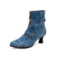 Pointed Toe Leopard Kitten Heels Ankle High Buckle Straps Zipper Spring Boots - Blue