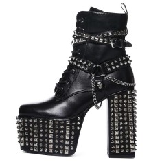 Square Toe Platforms Lace Up Chunky Heels Platforms Punk Gothic Side Zipper Spike Boots - Black