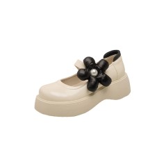 Round Toe Cute Flowers Mary Janes Platforms Lolita College Loafers - Beige