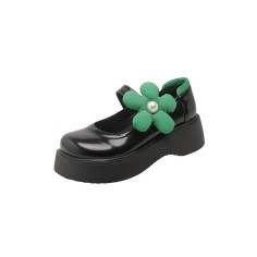 Round Toe Cute Flowers Mary Janes Platforms Lolita College Loafers - Black