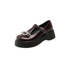 Round Toe T Straps Rhinestones Mary Janes Platforms College Loafers - Brown
