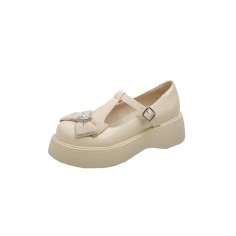 Round Toe T Straps Rhinestones Ribbon Mary Janes Platforms College Loafers - Beige