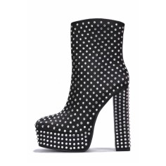 Square Toe Chunky Heels Rhinestones Platforms High Boots - Black