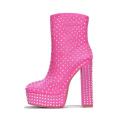 Square Toe Chunky Heels Rhinestones Platforms High Boots - Pink
