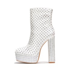 Square Toe Chunky Heels Rhinestones Platforms High Boots - White