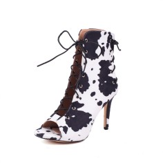 Peep Toe Stiletto Heels Flock Suede Lace Up Gladiator Spring Sandals Pumps - Cow Black