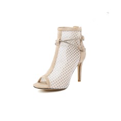 Peep Toe Stiletto Heels Fletwork Spring Ankle Highs Rhinestones Straps Summer Sandals Pumps - Beige