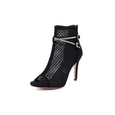 Peep Toe Stiletto Heels Fletwork Spring Ankle Highs Rhinestones Straps Summer Sandals Pumps - Black