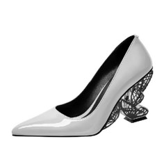 Pointed Toe Strange Butterfly Heels Patent Pumps - Beige