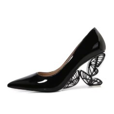 Pointed Toe Strange Butterfly Heels Patent Pumps - Black