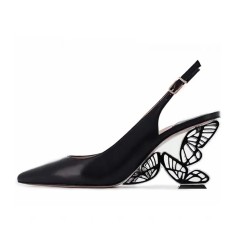 Pointed Toe Strange Butterfly Heels Leather Slingback Sandals - Black