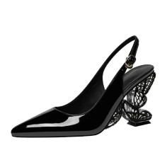 Pointed Toe Strange Butterfly Heels Patent Slingback Sandals - Black