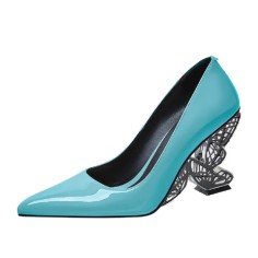 Pointed Toe Strange Butterfly Heels Patent Pumps - Lake Blue
