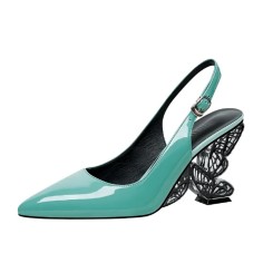 Pointed Toe Strange Butterfly Heels Patent Slingback Sandals - Lake Blue