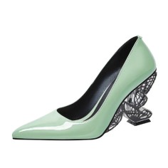 Pointed Toe Strange Butterfly Heels Patent Pumps - Olive Green