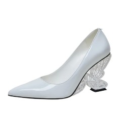 Pointed Toe Strange Butterfly Heels Patent Pumps - White
