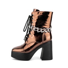 Round Toe Chunky Heels Side Zipper Platforms Ankle Highs Chain Decorated Punk Boots - Orange